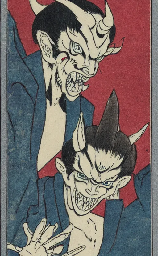 Prompt: by akio watanabe, manga art, man with japanese demon mask, oni horns, yokai, trading card front