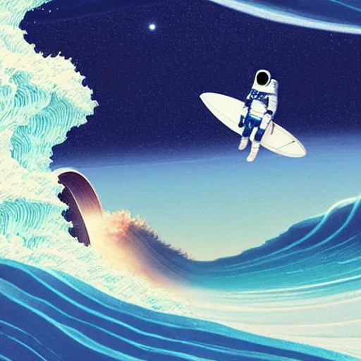 Prompt: a beautiful digital painting of an astronaut in a white and royal blue luxurious space suit surfing the great wave of Kanagawa on a chic surfboard at Pamukkale, thermal waters flowing down gold travertine terraces by greg rutkowski, antelope canyon walls protruding, award winning photo, trending on artstation, highly detailed, unreal engine, octane render