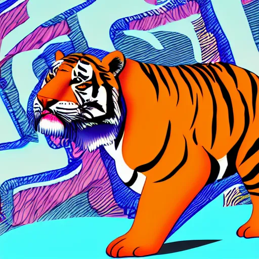 Image similar to A tiger in a lab coat with a 1980s Miami vibe, turning a well oiled science content machine, digital art