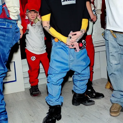 Prompt: eminem wearing mickey mouse overalls and boots