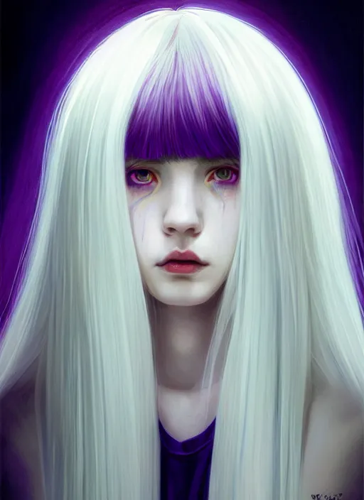 Image similar to hair whitebangs hair, black hair, whitebangs, portrait of teenage girl with white bangs, red irises, purple clothes, white bangs, bangs are different color from hair, intricate, elegant, glowing lights, highly detailed, digital painting, artstation, concept art, smooth, sharp focus, illustration, art by wlop, mars ravelo and greg rutkowski