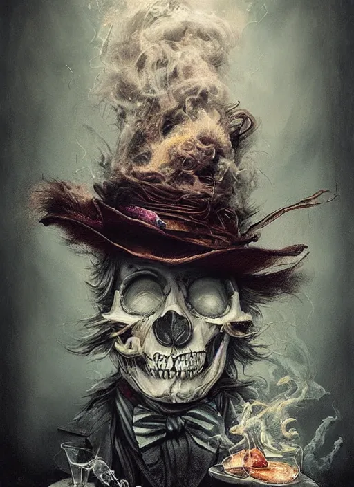 Prompt: Mad hatter big cloud of smoke, drinking whisky, death tarot card,highly detailed,half skull face,cinematic,8k,by Stanley Artgermm,Tom Bagshaw,Greg Rutkowski,Carne Griffiths, Ayami Kojima, Beksinski, Giger,trending on DeviantArt,hyper detailed,horror, full of colour