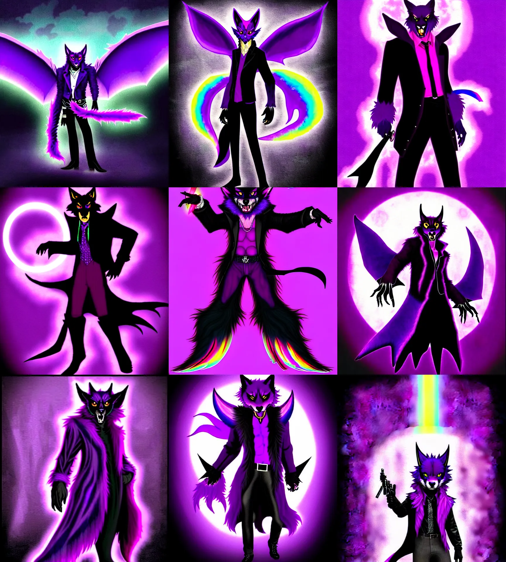 Prompt: a purple wolfbat fursona ( from the furry fandom ) with a long glowing rainbow tail, he wears an eyepatch, he is traversing a shadowy city, an affable devil among demons, neo - noir vibe reminescent of max payne, style of purple rain album cover ( by prince ), dark colors
