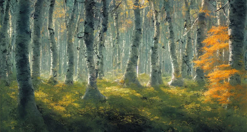 Prompt: sunny birch forest, hemlocks, mushrooms, intricate, vivid colors, elegant, highly detailed, john park, frazetta, john howe, ruan jia, jeffrey catherine jones