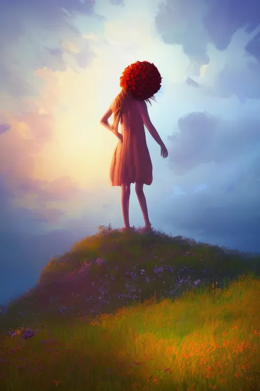 Image similar to closeup, giant flower head, girl standing on cliff, surreal photography, sunrise, blue sky, dramatic light, impressionist painting, digital painting, artstation, simon stalenhag