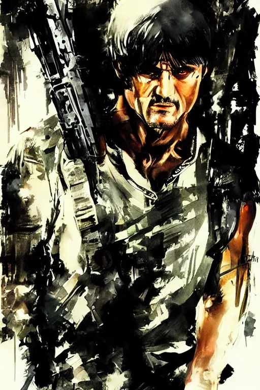 Image similar to a movie poster illustration of Stallone as Rambo by Yoji Shinkawa and Ashley Wood