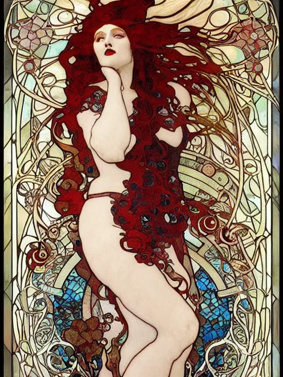 Prompt: art nouveau door glass style by alfons mucha and greg rutkowski, glass mosaic, a beautiful woman with black lips and red hair, intricate detail, very high quality, masterwork