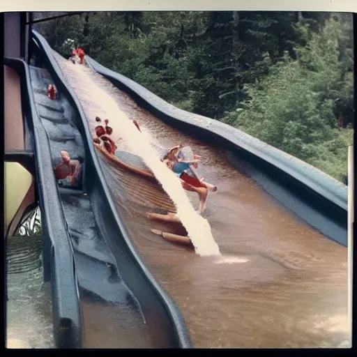 Prompt: 1 9 9 0 s polaroid photograph of a log flume going down a slide making a big splash, during the day, crowd of people getting splashed with water, weathered image artifacts