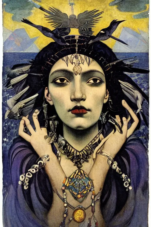 Image similar to punk queen of the crows with stars in her hair by Nicholas Roerich and Annie Swynnerton and Diego Rivera and jean delville and Carl Larsson, dramatic cinematic lighting , silver jewelry, ornate headdress, sacred artifacts, lost civilizations, smooth, sharp focus, extremely detailed