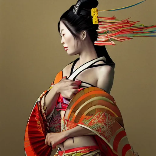 Image similar to Very very very very highly detailed epic central composition studio photography of A Japanese geisha in a colorful bikini, intricate, medieval, extremely detailed, digital painting, artstation, concept art, smooth, sharp focus, illustration, studio lighting, incredible art by Anna Dittmann and Anton Pieck