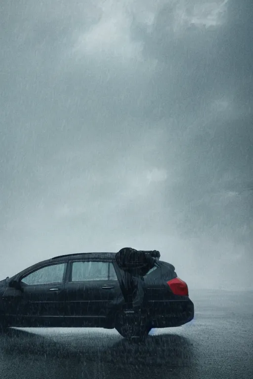 Prompt: Photo of a man sitting on the car roof in the heavy rain at the city that sank, hyper realistic, outdoor lighting, dynamic lighting, volumetric, wide angle, anamorphic lens, go pro, 4k