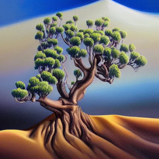 Prompt: a painting of a eucalyptus tree in the desert, an airbrush painting by breyten breytenbach, cgsociety, neo - primitivism, dystopian art,! apocalypse landscape!!