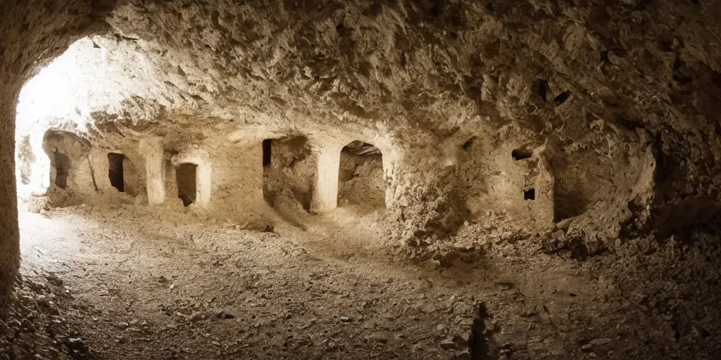 Image similar to playing amongst the catacombs, landscape wide angle cinematic