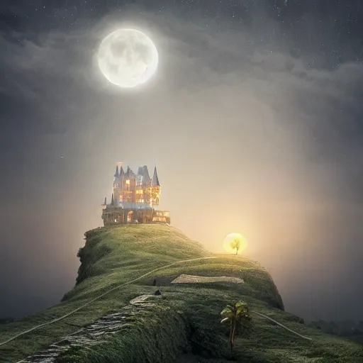 Image similar to a castle in the sky on a magical hill surrounded by giant palm trees, giant moon in the sky, cinematic, digital art by erik johansson, 8 k resolution, hyper detailed, sharp focus