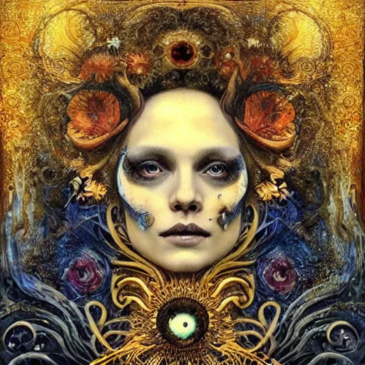 Image similar to Memento Mori by Karol Bak, Jean Deville, Gustav Klimt, and Vincent Van Gogh, beautiful visionary mystical portrait, otherworldly, fractal structures, ornate gilded medieval icon, third eye, spirals, sugar skull