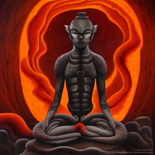 Image similar to a demon meditating near a zen garden with a lava waterfall in hell, ominous hellscape by amanda sage and anton semenov, oil on canvas 8k, dramatic lighting