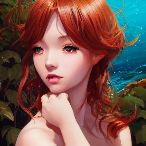 Image similar to A potrait of a mermaid with big and cute eyes, fine-face, realistic shaded perfect face, fine details. Night setting. Very anime style. Realistic shaded lighting poster by Ilya Kuvshinov katsuhiro, magali villeneuve, artgerm, Jeremy Lipkin and Michael Garmash, Rob Rey and Kentarõ Miura style, trending on art station