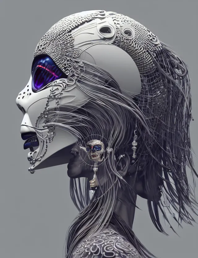 Image similar to 3 d goddess close - up profile simple portrait cybernetic with skull. beautiful intricately detailed japanese crow kitsune mask and clasical japanese kimono. betta fish, jellyfish phoenix, bio luminescent, plasma, ice, water, wind, creature, artwork by tooth wu and wlop and beeple and greg rutkowski