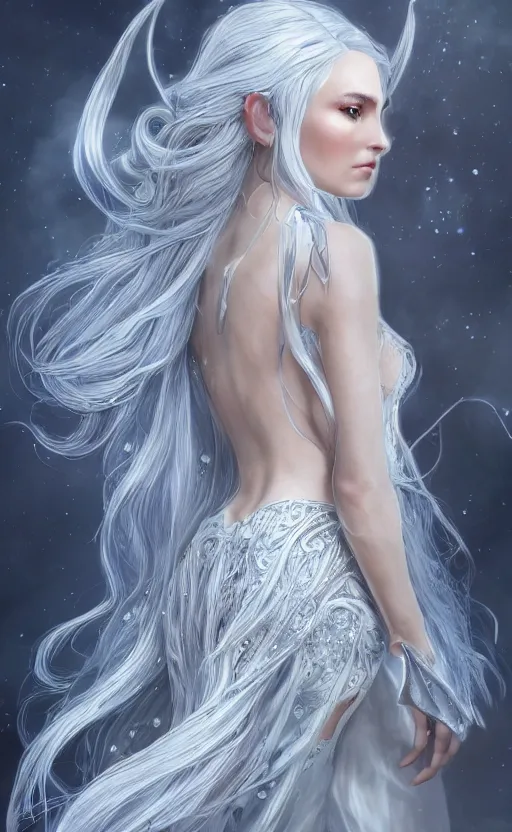 Image similar to an elven woman with long, silver hair cascading down her back. she has delicate, angular features and piercing blue eyes. she's clad in a flowing white dress with intricate silver embroidery, dynamic lighting, photorealistic fantasy concept art, trending on art station, stunning visuals, creative cinematic, ultra detailed