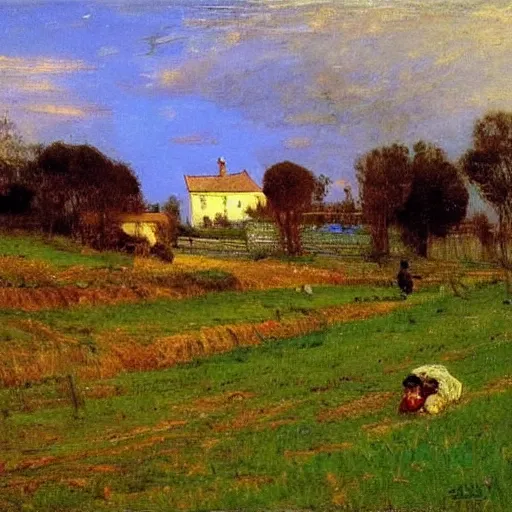 Prompt: farm in rural france, 1885, bright colored highly detailed oil on canvas, by Ilya Repin