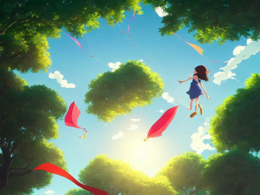 Prompt: a wholesome animation key shot of a girl reaching to get his kite that is stucked up in a tree, point of view is the kite that is above the tree, studio ghibli, pixar and disney animation, sharp, rendered in unreal engine 5, anime key art by greg rutkowski, full bloom, vibrant lighting