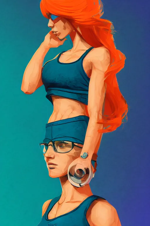 Image similar to a award winning half body portrait of a beautiful caucasian woman in a croptop and cargo pants with ombre orange blue teal hairstyle with head in motion and hair flying by will eisner, outrun, vaporware, digital art, trending on artstation, highly detailed, fine detail, intricate