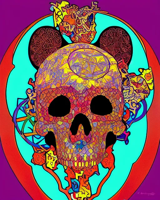 Image similar to mickey mouse skull carving art, background are varities of superhot chili peppers, cell shading, voronoi, fibonacci sequence, sacred geometry by Alphonse Mucha, hiroshi yoshida, Art Nouveau, colorful, ultradetailed, vivid colour, 3d