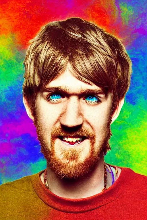 Image similar to inspirational style hope poster of shaggy bo burnham with beard, psychedelic colors, highly detailed, photograph, loving