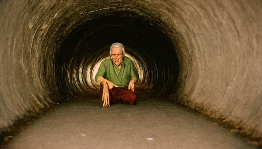 Prompt: 7 0 s movie still of an old man in a tiny tunnel. his skin is full of holes. cinestill 8 0 0 t 3 5 mm technicolor, heavy grain, high quality, high detail