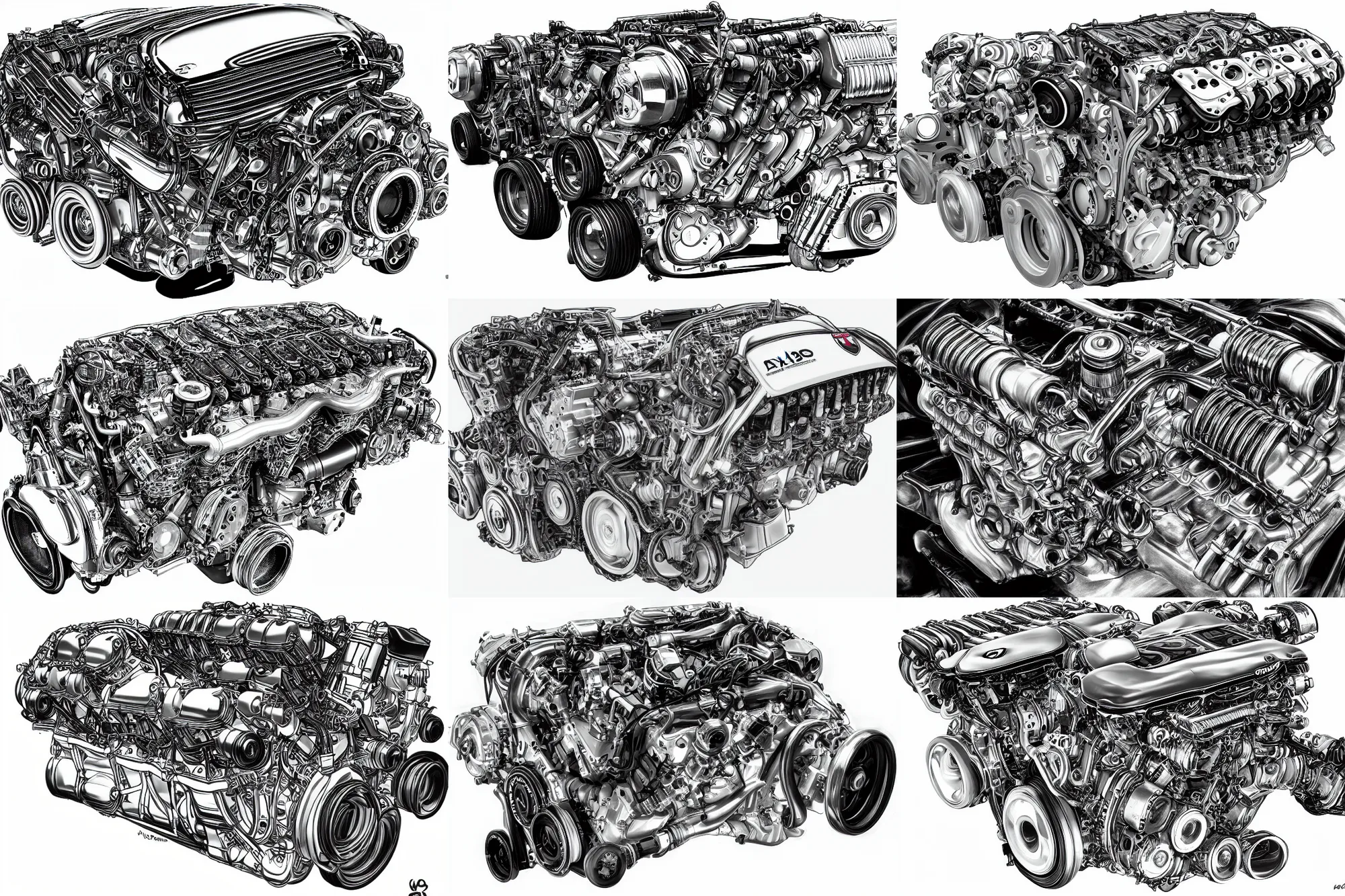 Prompt: alfa romeo busso v 6 engine, black and white, sketch, detailed