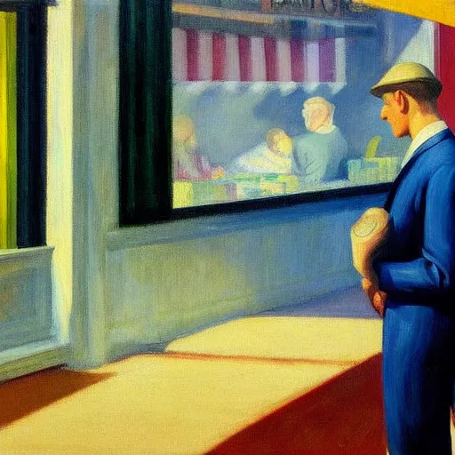 Prompt: a detailed painting, blonde man at a market, edward hopper,