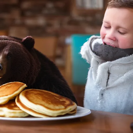 Prompt: a bear eating Pancakes