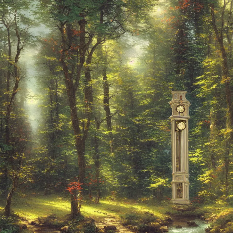 Prompt: thomas kinkade painting of a grandfather clock in the woods, stream