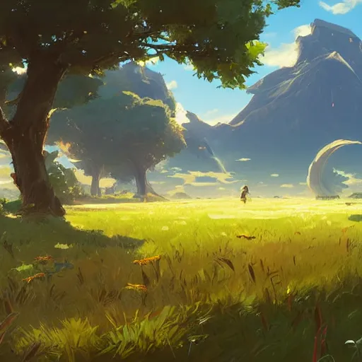 Image similar to landscape painting of a beautiful lush field. clean sharp digital art, environment concept art, by rossdraws, ghibli, breath of the wild, greg rutkowski