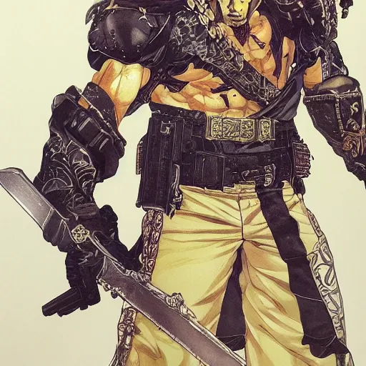 Image similar to portrait of a white and hispanic hero holding his sword in front of his face by yoji shinkawa, high quality, extra details, realism, ornate, colored, golden chain, blood