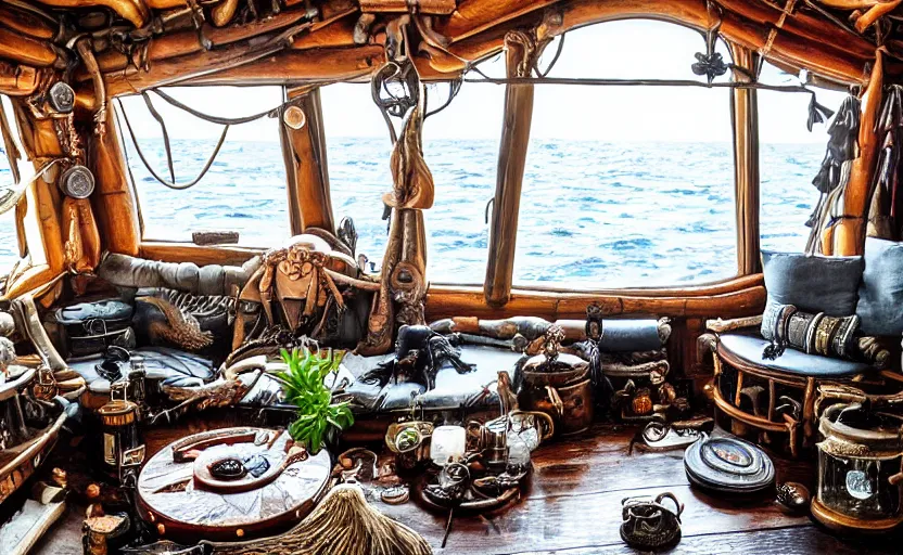 Prompt: pirate captain living room interior in the middle of a stormy ocean, with a witch cauldron and bottles of potions and ingredients in jars, sunny, natural materials, rustic wood, window sill with plants, vines on the walls, dried herbs under the ceiling bookshelves, design. A giant dragon looking through the window. Fire. Gigantic dragon eye. Mordor