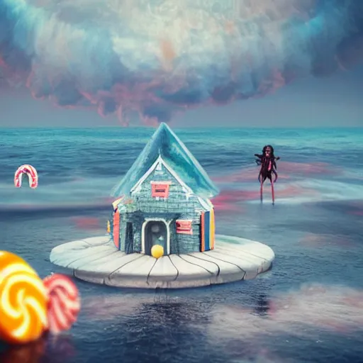 Prompt: a witches house made out of candy floating on the ocean, a scary witch standing on the front, epic scene, fantasy, cinematic, redshift render, cgi, hyper - detailed, photo - bash, 8 k post - production, masterpiece