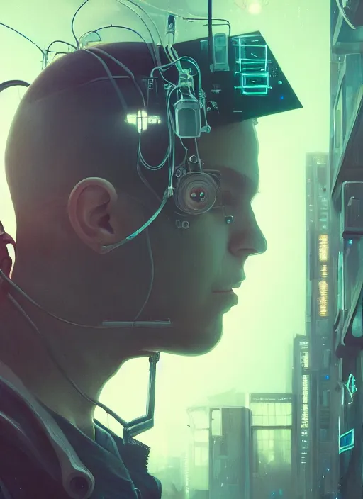 Prompt: highly detailed surreal vfx portrait of a cyberpunk gloomy hacker, wires to the head, stephen bliss, unreal engine, greg rutkowski, loish, rhads, beeple, makoto shinkai and lois van baarle, ilya kuvshinov, rossdraws, tom bagshaw, alphonse mucha, global illumination, detailed and intricate environment