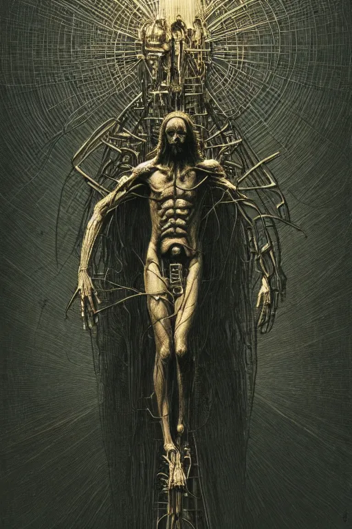 Prompt: full body shot of a cybernetic jesus on the cross, wires everywhere, cyberpunk art by beksinski and szukalski and giger and seb mckinnon and dan mumford and wlop and josan gonzalez, digital art, highly detailed, intricate, sharp focus, trending on artstation hq, deviantart, pinterest, unreal engine 5, 4 k uhd image