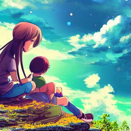 Image similar to digital art, anime, boy and girl sitting on the ledge of a mountain having a picnic with a beautiful view, creative, concept