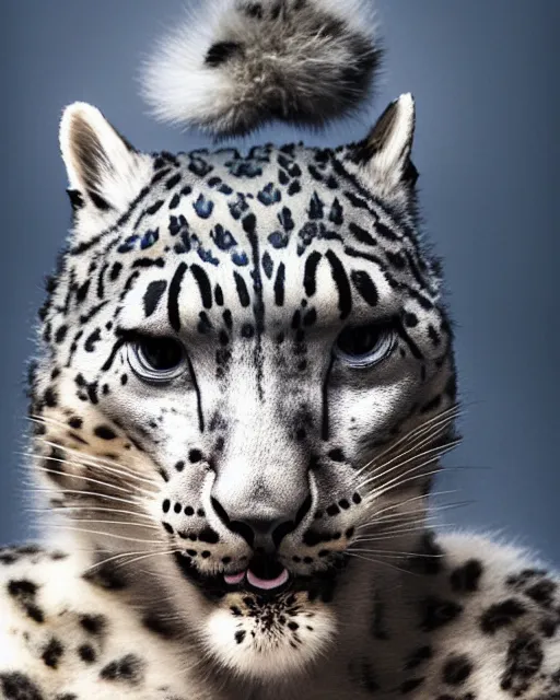 Image similar to natural light, soft focus portrait of a cyberpunk anthropomorphic snow leopard with soft synthetic pink skin, blue bioluminescent plastics, smooth shiny metal, elaborate ornate head piece, piercings, skin textures, by annie leibovitz, paul lehr