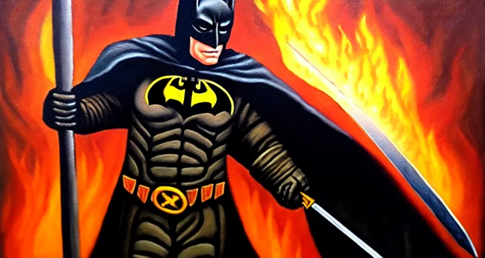 Prompt: An oil painting of a dark knight wielding a flaming sword