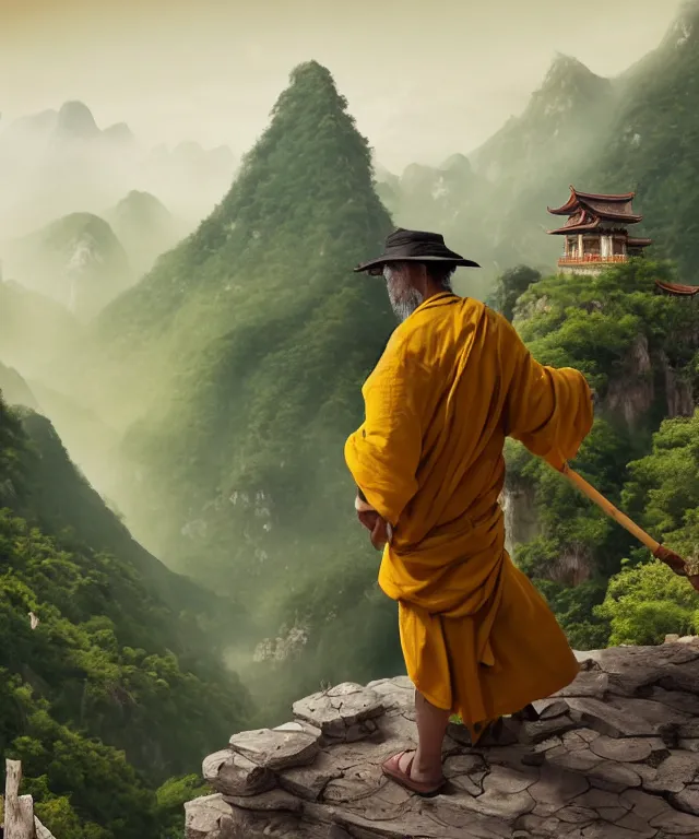 Prompt: a single chinese battle monk, wearing a faded dark yellow toga, straw hat, holding a long wooden staff that is perpendicular to the floor, long white beard, standing on top of a mountain, perspective has man's back facing us, in the background a beautiful valley with mountains, full body shown, highly detailed, fantastical, by marc simonetti