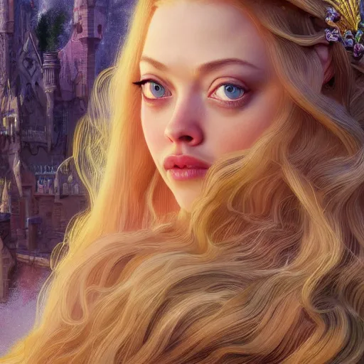 Image similar to beautiful young amanda seyfried as the rapunzel princess, closeup, d & d, fantasy, intricate, elegant, highly detailed, digital painting, artstation, concept art, matte, sharp focus, illustration, art by artgerm and greg rutkowski and alphonse mucha