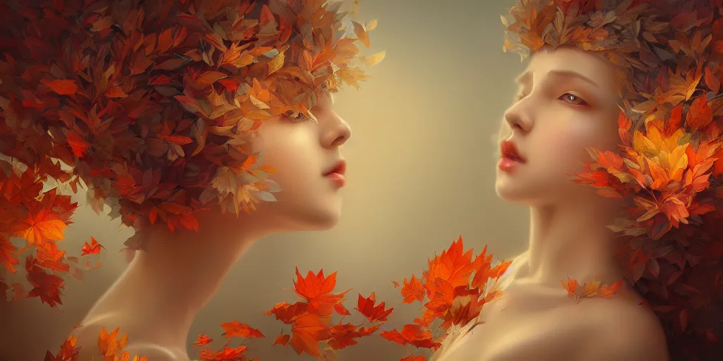 Image similar to breathtaking detailed concept art painting art deco pattern of curly short hair blonde goddesses faces amalgamation autumn leaves, by hsiao - ron cheng and volegov, bizarre compositions, exquisite detail, extremely moody lighting, 8 k