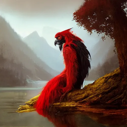 Prompt: Harpy, red feathered wings, wearing a robe, sad expression, sitting at a pond, mountainous area, trees in the background, oil painting, by Greg Rutkowski