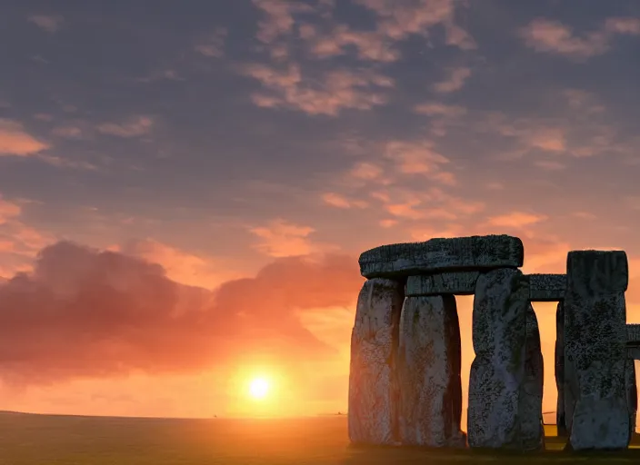 Image similar to sunrise at stonehenge, beautiful dynamic lighting, cinematic, wide angle establishing shot, extremely high detail, photo realistic, cinematic lighting, post processed, concept art, volumetric lighting, official fanart behance, hd, artstation, unreal engine 8k