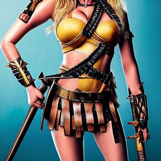 Image similar to full body photo of kate upton as a amazon warrior with weapons