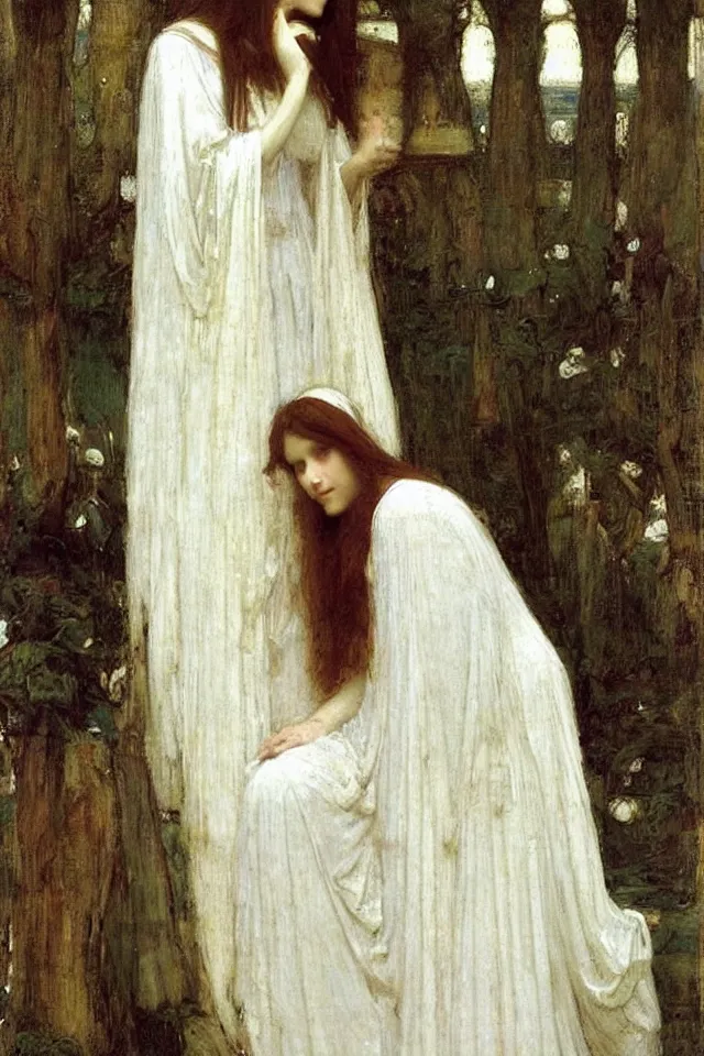 Image similar to beautiful woman in white robes by john william waterhouse, preraphaelite style