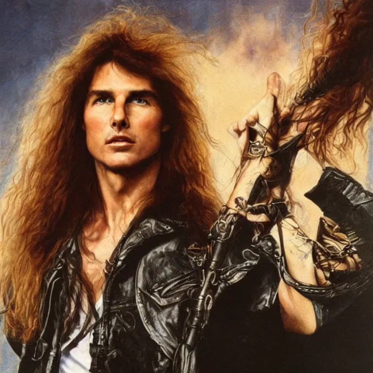 Image similar to Pre-Raphaelite portrait of Tom Cruise as the leader of a cult 1980s heavy metal band, with very long blond hair and grey eyes, high saturation